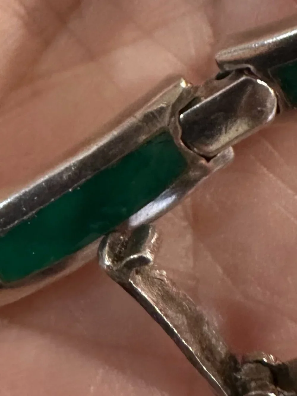 Vintage Sterling Silver 925 Natural Green Chalcedony Inlay 7 Link Heavy Bracelet